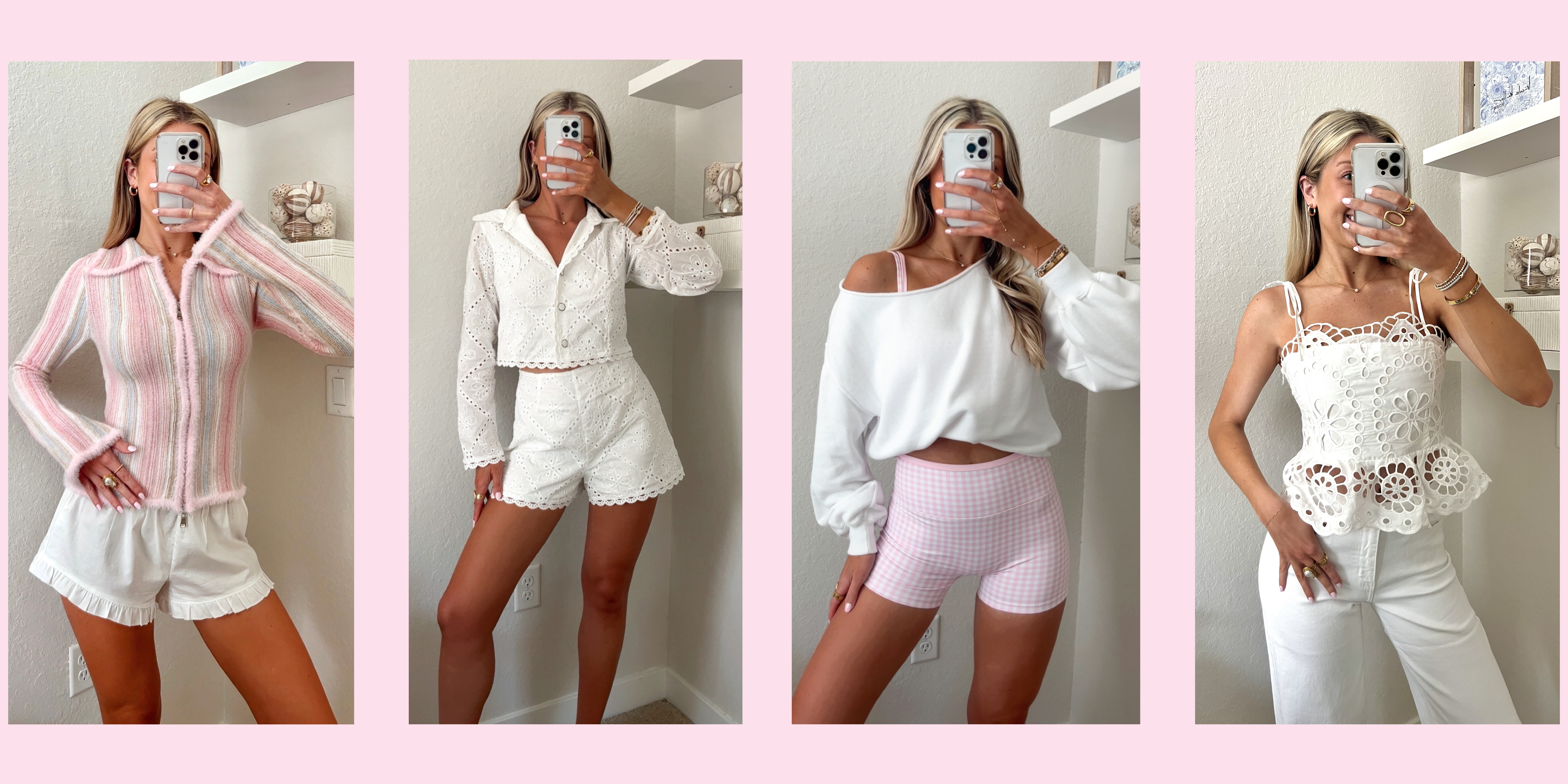 Four different outfits worn by a woman in a sequence. From left to right, first outfit is a pastel pink sweater with white ruffle shorts, second outfit is a white lace long sleeve shorts set, third outfit is a pink and white gingham workout set with a white off the shoulder sweatshirt over, and the last outfit is a white lace tank with white jeans. The images are on a light pink background.