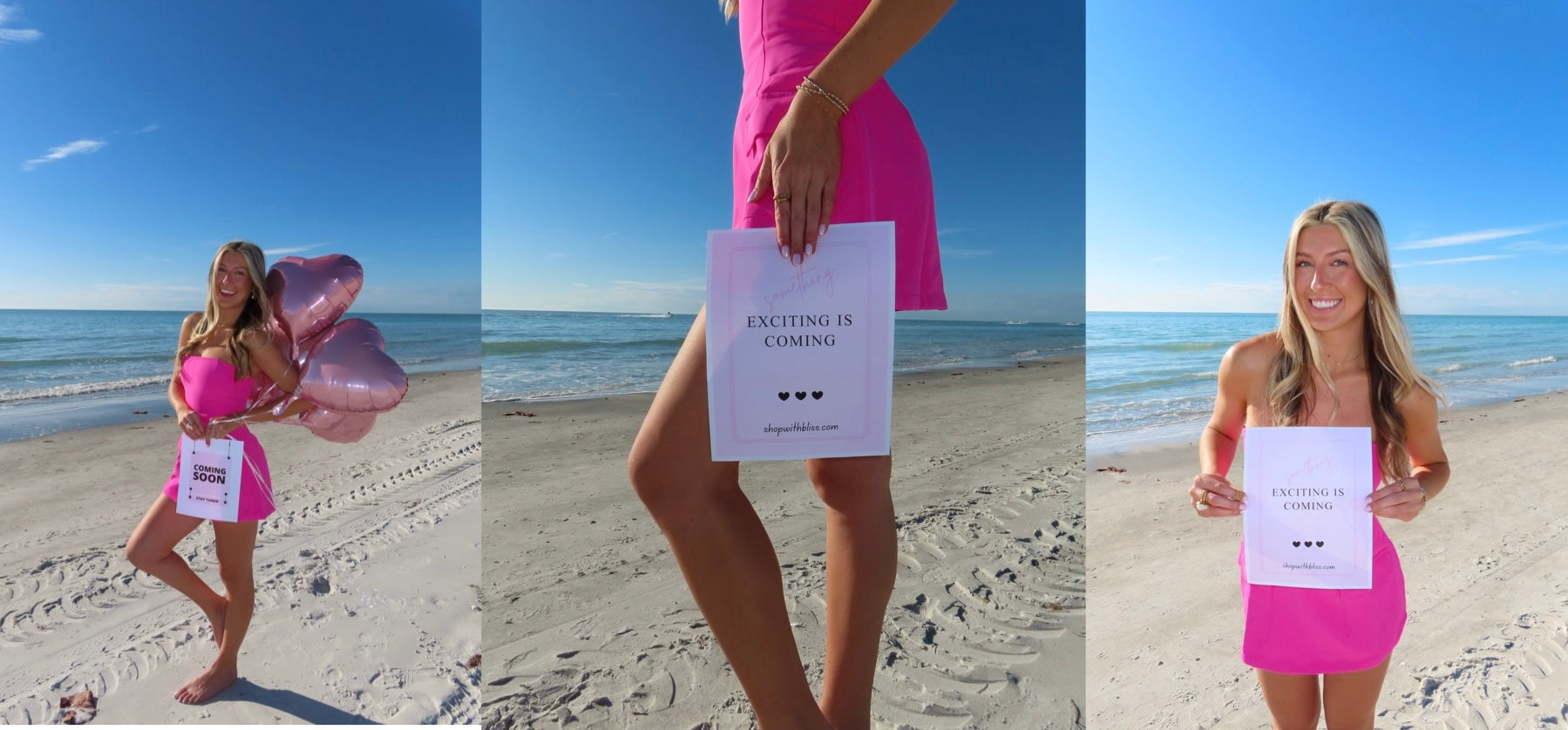 Three photos side by side featuring a woman wearing a pink dress on a beach holding "coming soon" and "something exciting is coming" signs and rose gold balloons.